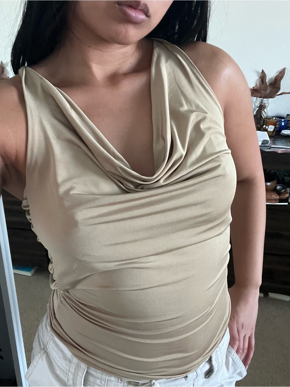 Repop Vintage Y2K Gold Slinky Cowl Neck Open Back Top